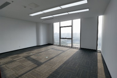 现代化办公室内部，共享办公区，开放空间，多种工位类型，公共区域，协作氛围