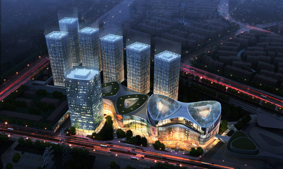 中国铁建广场内部电梯间，现代设计风格，大理石墙面，电梯门开启状态，显示楼层按钮